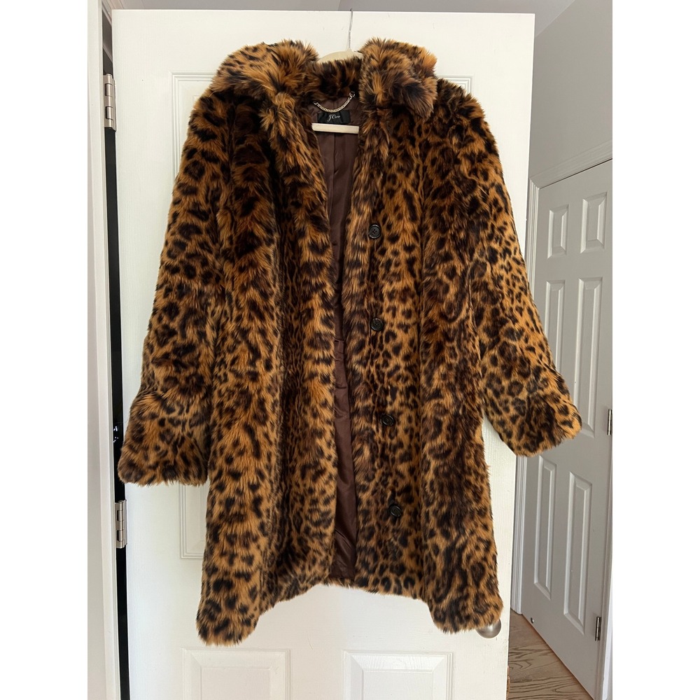 J.Crew Womens Leopard Print Faux Fur Coat Brown Tan Animal Print XL